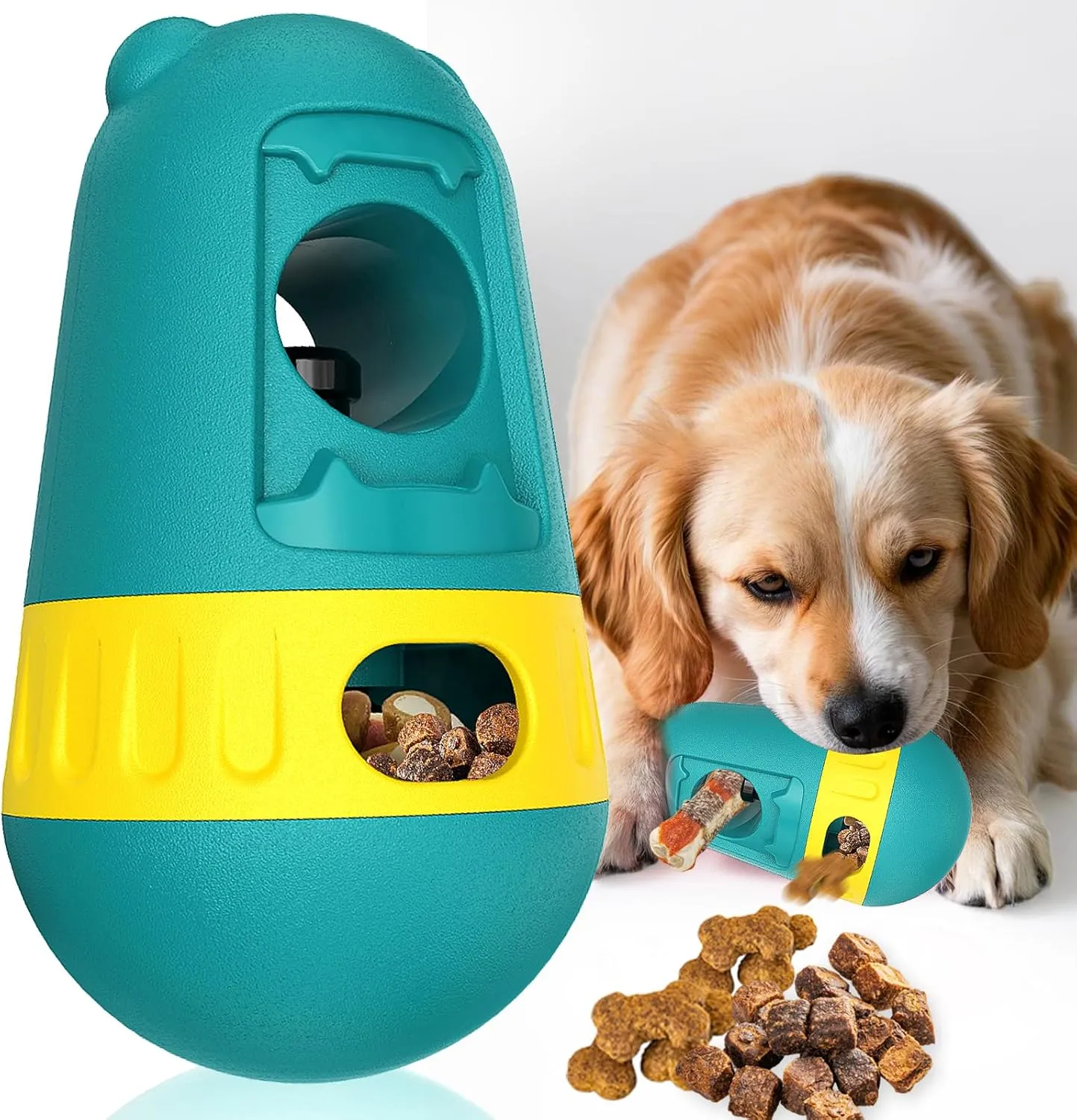 2 in 1 Treat Dispensing Dog Toys, Adjustable Puzzle Feeder Dog with Bully Stick Holder for Small/Medium/Large Dogs, Interactive Dog Chase Toys, Dog Slow Feeder Enrichment Toy Indoor and Outdoor Cyan