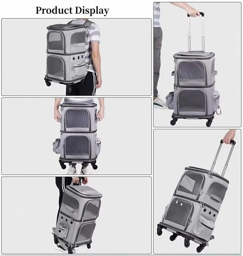 2-Piece Rolling and Handheld Pet Carrier Set, Trolley with Ventilated Tote, Detachable Travel Bag Combo for Small Cats and Dogs(Black)