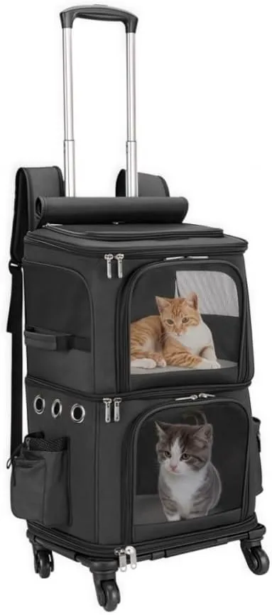2-Piece Rolling and Handheld Pet Carrier Set, Trolley with Ventilated Tote, Detachable Travel Bag Combo for Small Cats and Dogs(Black)