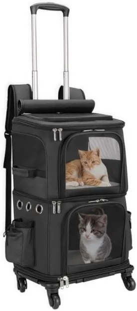 2-Piece Rolling and Handheld Pet Carrier Set, Trolley with Ventilated Tote, Detachable Travel Bag Combo for Small Cats and Dogs(Black)