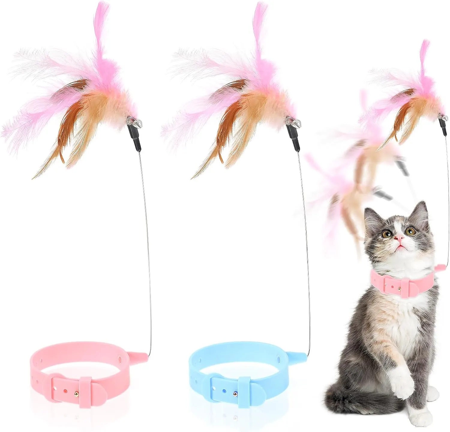 2Pcs Cat Collar Toy - Adjustable Feather Neck Collar With Silicone, Teasing Wand, Funny Stick, Interactive Self Playing Bell Toys for Indoor Cats and Small Animals (Blue, Pink)