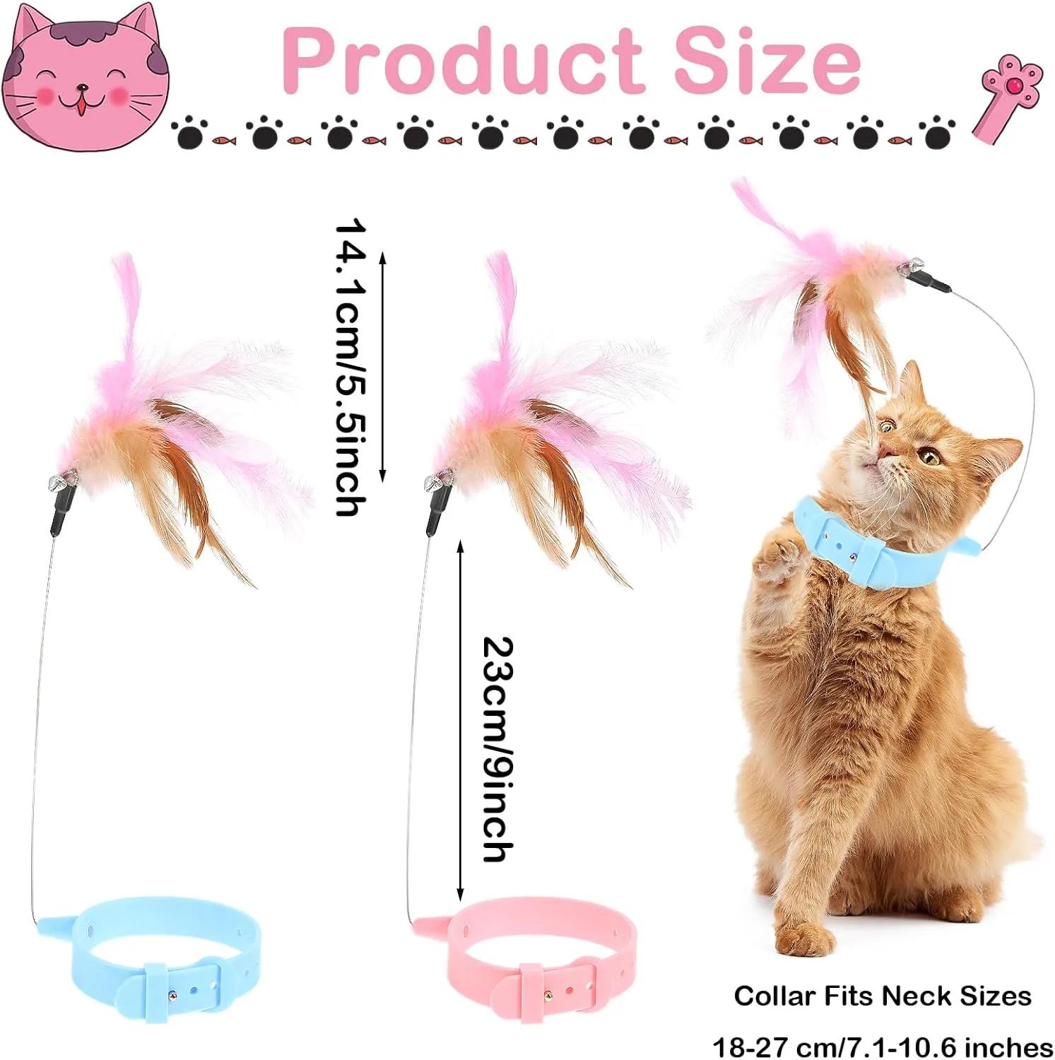 2Pcs Cat Collar Toy - Adjustable Feather Neck Collar With Silicone, Teasing Wand, Funny Stick, Interactive Self Playing Bell Toys for Indoor Cats and Small Animals (Blue, Pink)