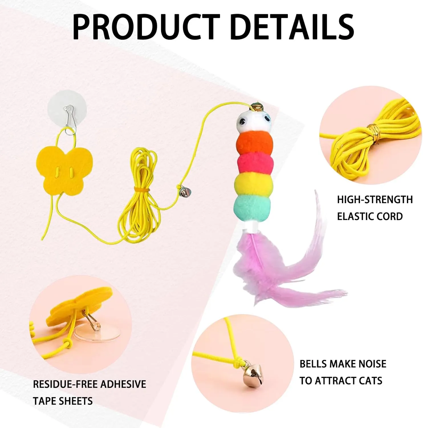 3 Pcs Interactive Toys for Indoor Cats, Best Hanging Cat Toys for Bored Cats, Spring Cat String Toys with Feathers and Bells, Door Hanging Self-Playing Cat Toys (Cute, Count, 3)