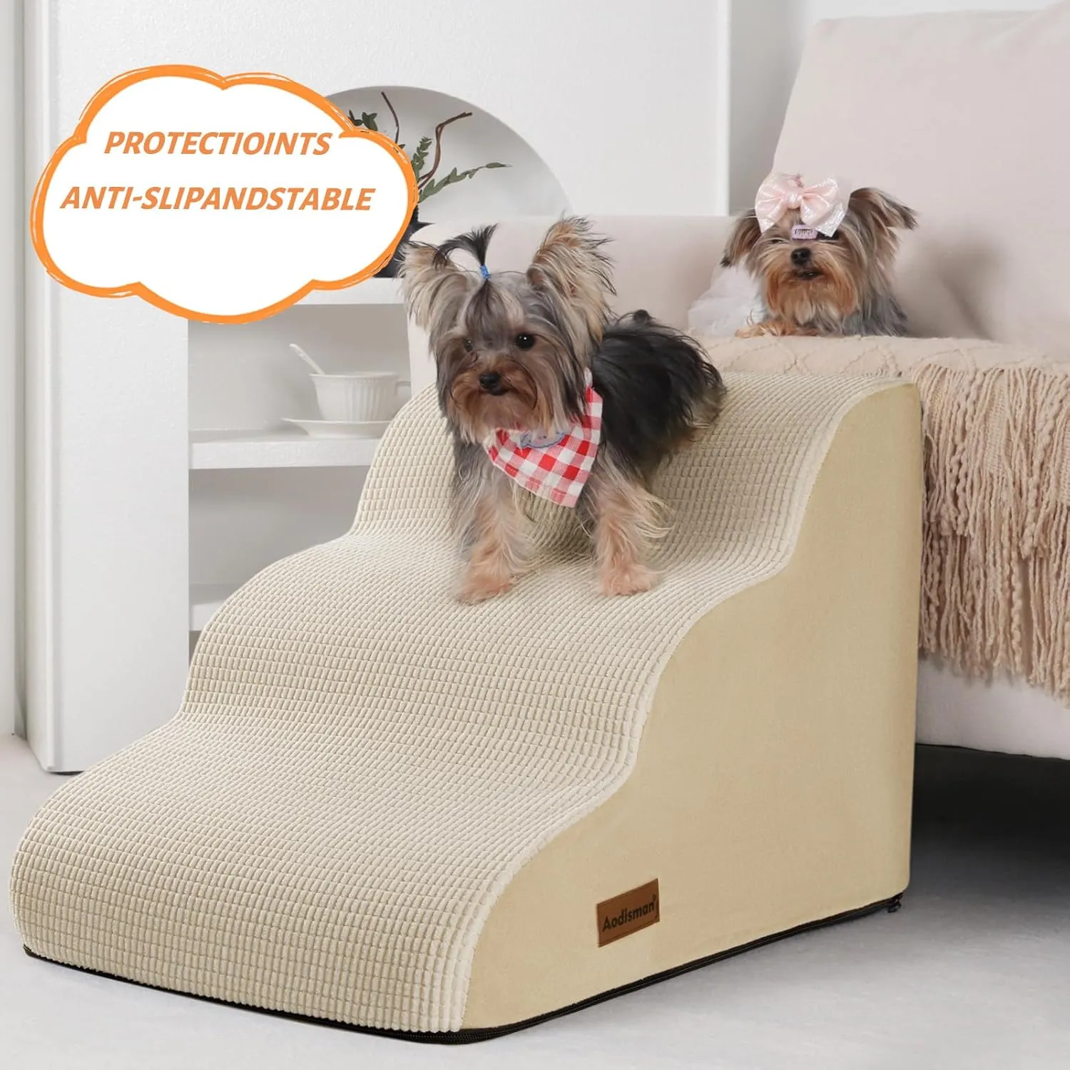 3-Step Dog Ramp and Stairs for Sofa and Chair - Non-Slip Sturdy Pet Steps for Small Dogs and Cats,15.7" H,Beige
