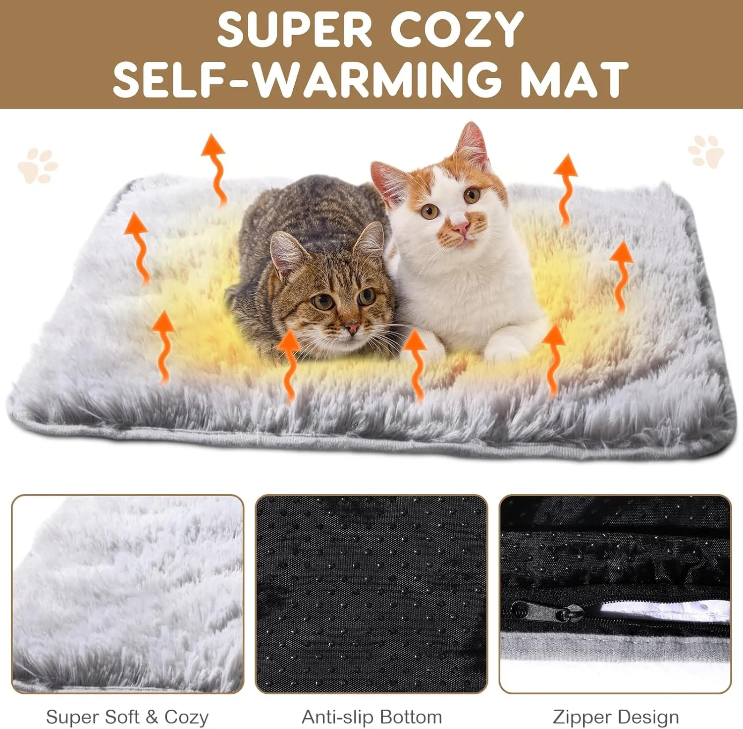 4 Pack Self Warming Cat Bed Pad Self Heating Dog Mat with Fluffy Faux Fur Plush Cat Calming Bed Thermal Mat Washable Pet Pad Anti Slip Bottom for Outdoor Indoor Pets(Grey,18" X 24")