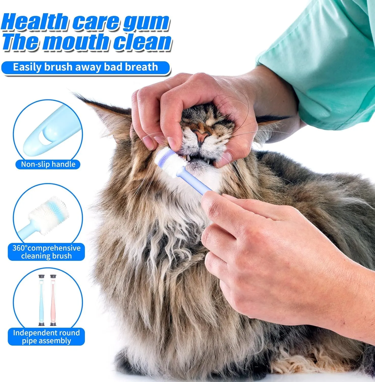 4 pcs Small dog & Cat Toothbrush 360 Degree Soft Silicone, Cat Dental Care, Pet Toothbrush, Oral Hygiene, Easy to Handle, Deep Clean, Independent Packaging, light sky blue & light pink (4 Pack Green)