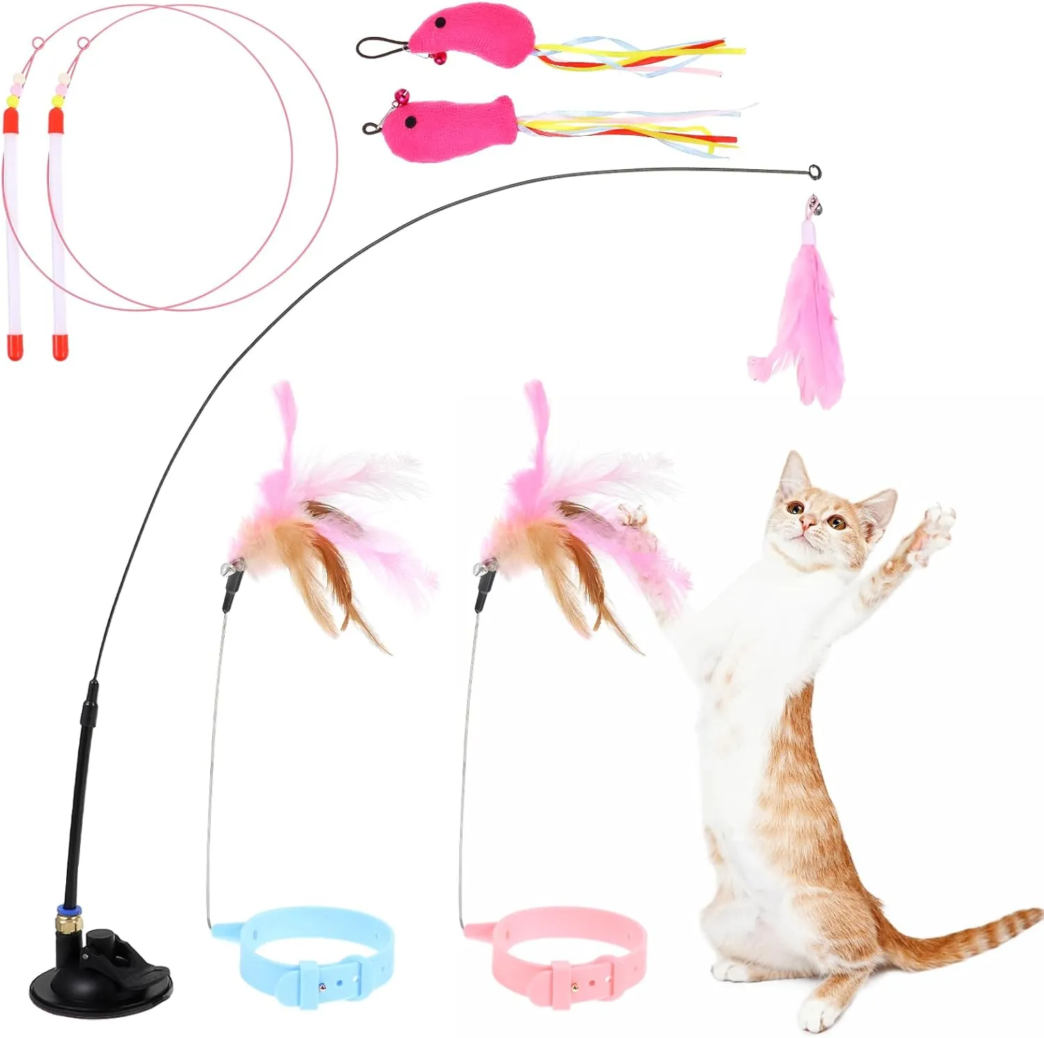 5Pcs Cat Feather Toy, Adjustable Cat Collar Neck Collar Toy Cats Teasing Wand with Silicone Collars, Funny Cats Stick, Interactive Self Playing Toys Bell for Indoor Catt Playing Small Animals(5 Style)