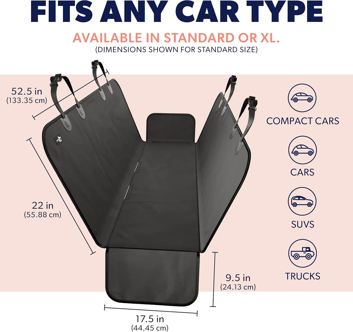 Active Pets Dog Car Seat Cover for Back Seat, Waterproof Pet Hammock Protector, Durable Nonslip Seat Protection SUV Truck, Standard 53"x56", Black