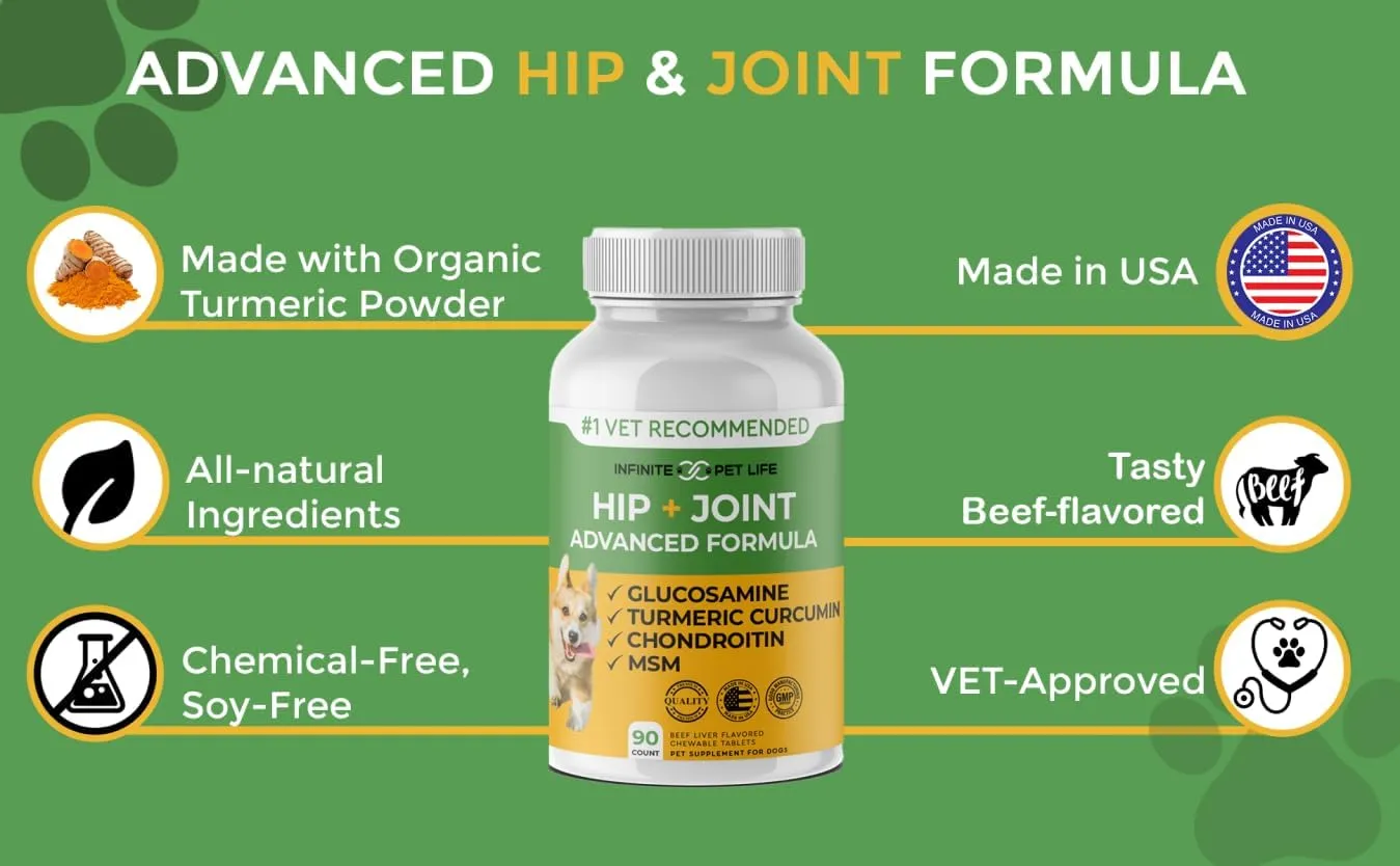 Advanced Hip and Joint Supplement for Dogs Large Breed - Glucosamine for Dogs Mobility & Pain Relief - All Natural Chondroitin, MSM & Turmeric Dog Joint Supplement - 90 Chewable Tablets