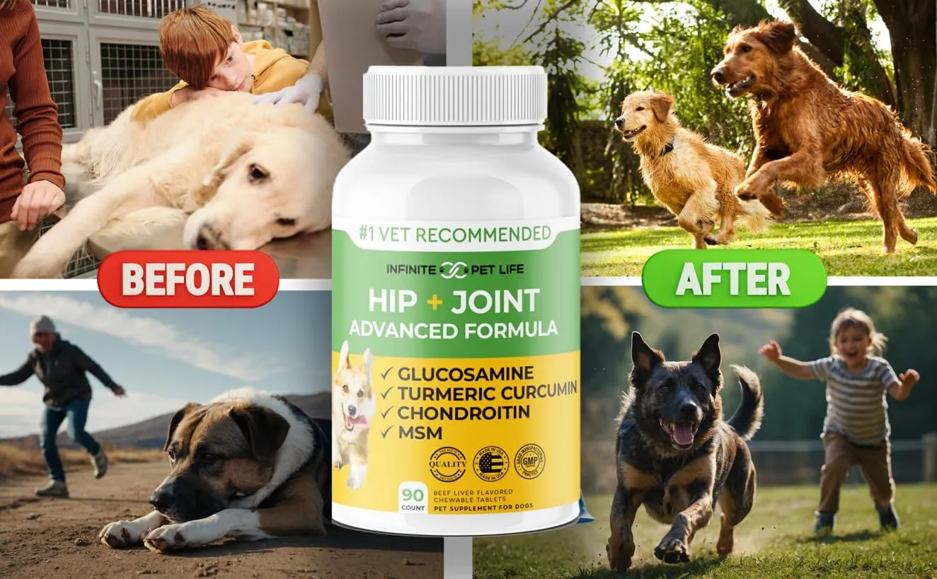 Advanced Hip and Joint Supplement for Dogs Large Breed - Glucosamine for Dogs Mobility & Pain Relief - All Natural Chondroitin, MSM & Turmeric Dog Joint Supplement - 90 Chewable Tablets