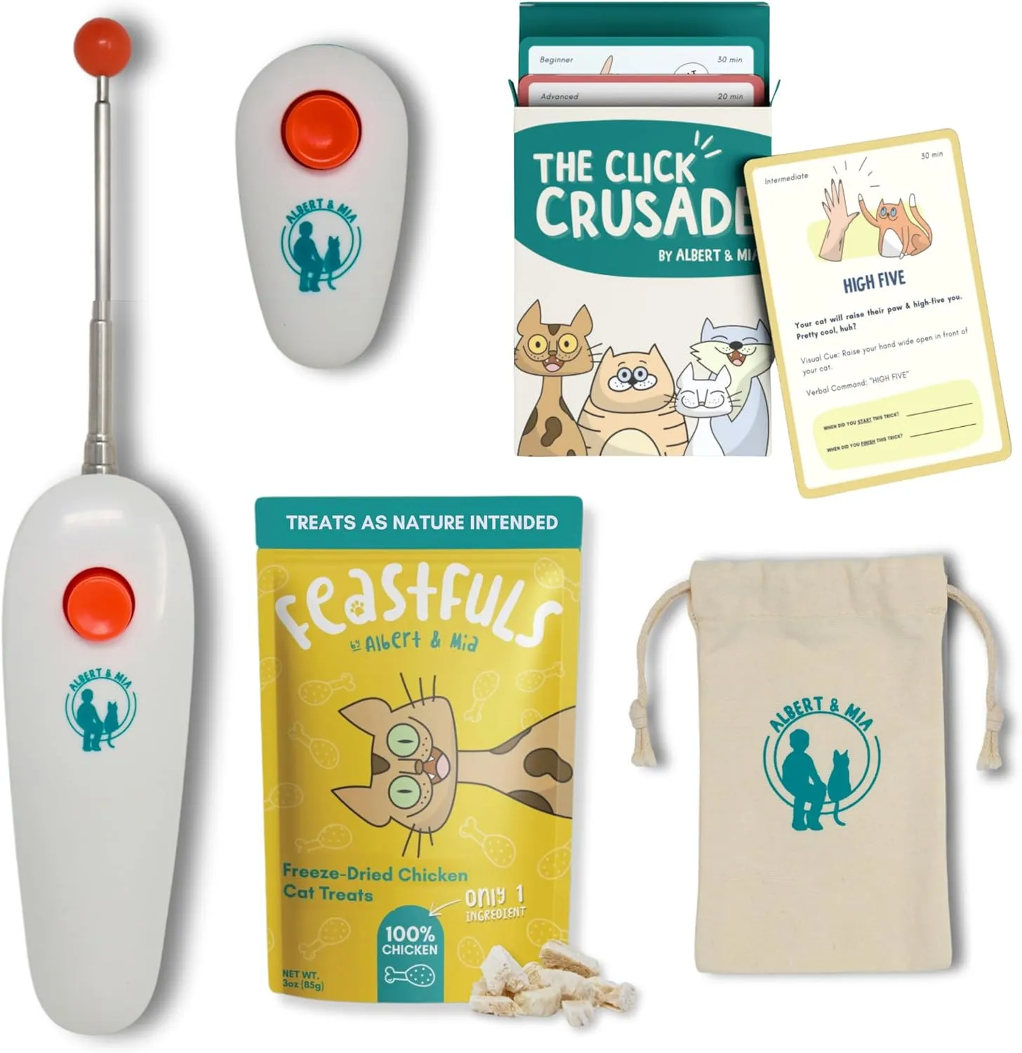 ALBERT & MIA Cat Clicker Training Kit   The Click Crusade Bundle (Cat Training Card Game Guide to Clicker Train Cats)   Feastfuls Cat Treats, Improving Communication and Bonding with Your Kitten