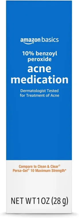 Amazon Basics 10% Benzoyl Peroxide Acne Medication, Maximum Strength, 1 Fluid Ounce Face Gel