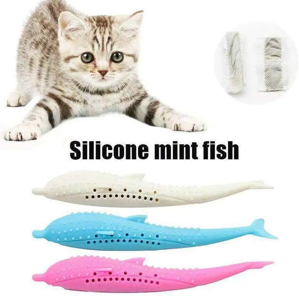 Arinda Silicone Fish Shape Cat Toothbrush Teething Toy with Catnip Pet Toys