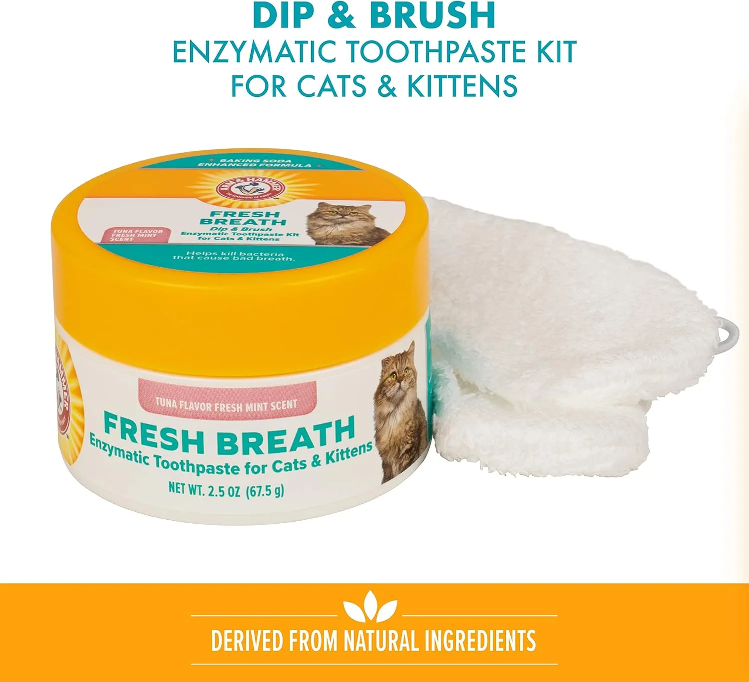 Arm & Hammer Dip & Brush Fresh Breath Enzymatic Toothpaste Kit for Cats and Kittens with 2 Microfiber Finger Bushes, 2.5 Ounces, Tuna Flavor | Cat Dental Care Kit