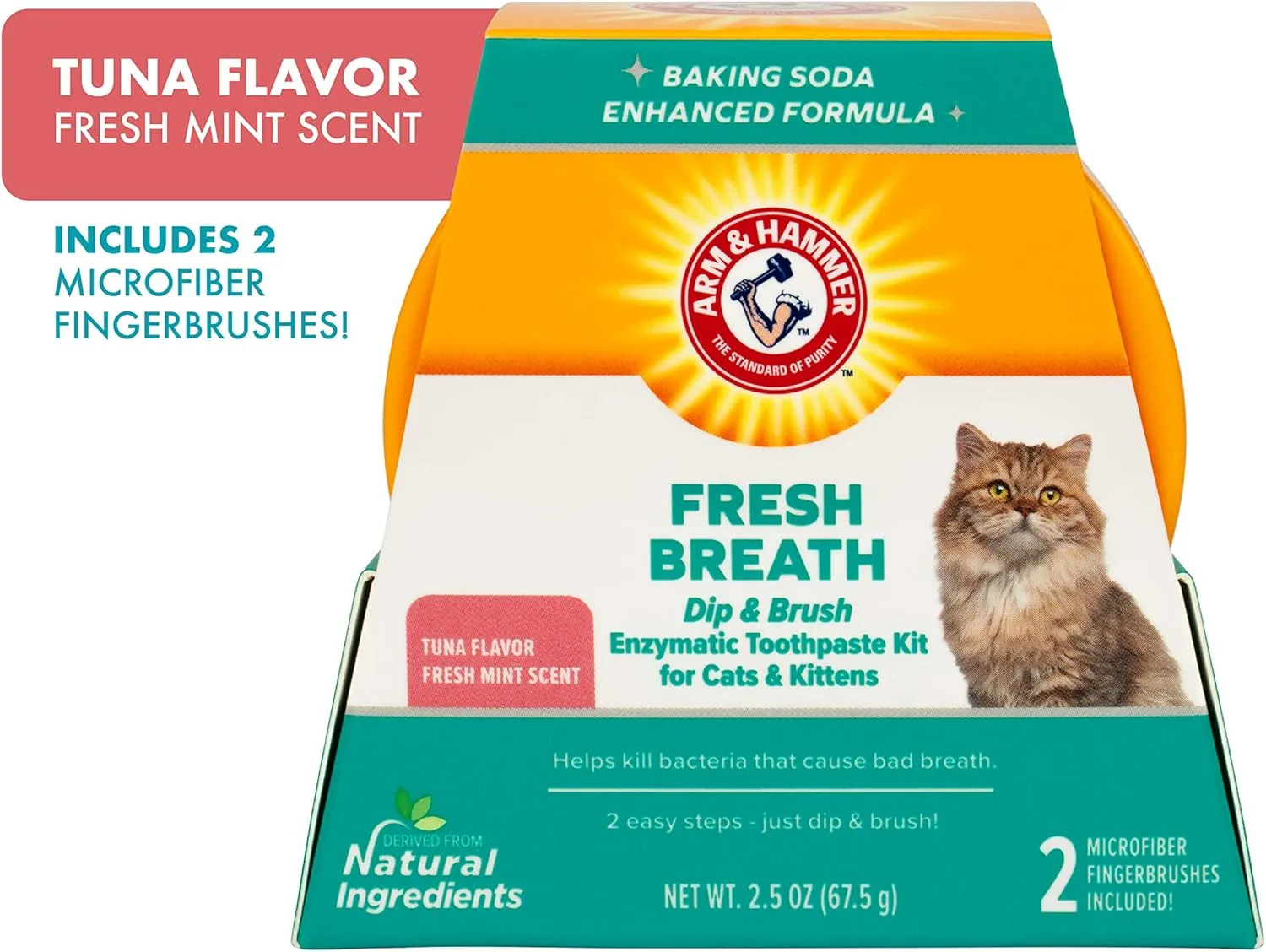 Arm & Hammer Dip & Brush Fresh Breath Enzymatic Toothpaste Kit for Cats and Kittens with 2 Microfiber Finger Bushes, 2.5 Ounces, Tuna Flavor | Cat Dental Care Kit