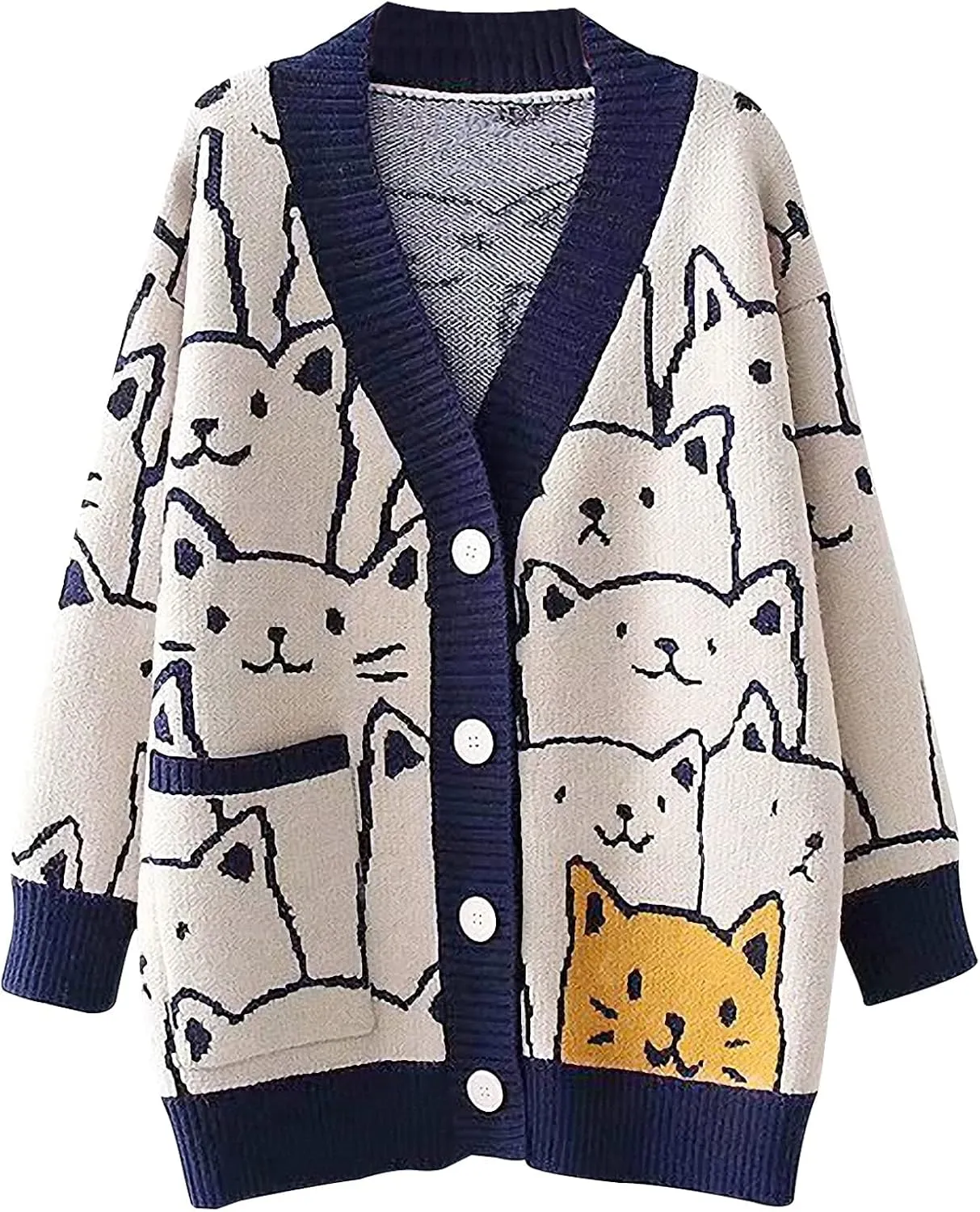 Arssm Cat Sweater for Women Oversized Button Down V Neck Cable Knit Sweater Cute Kawaii Cartoon Cardigan Coat