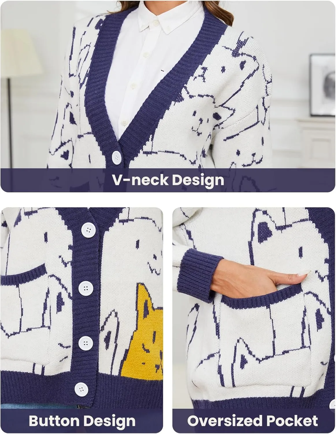 Arssm Cat Sweater for Women Oversized Button Down V Neck Cable Knit Sweater Cute Kawaii Cartoon Cardigan Coat
