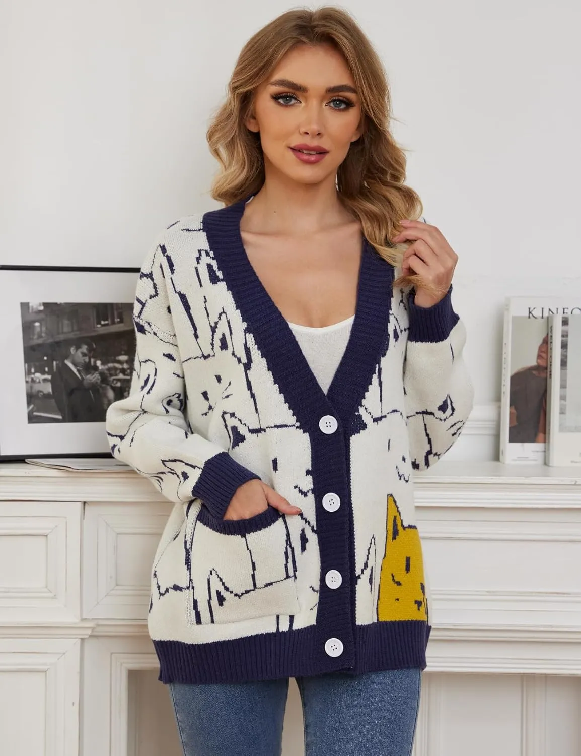 Arssm Cat Sweater for Women Oversized Button Down V Neck Cable Knit Sweater Cute Kawaii Cartoon Cardigan Coat