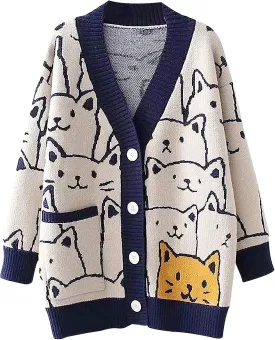 Arssm Cat Sweater for Women Oversized Button Down V Neck Cable Knit Sweater Cute Kawaii Cartoon Cardigan Coat
