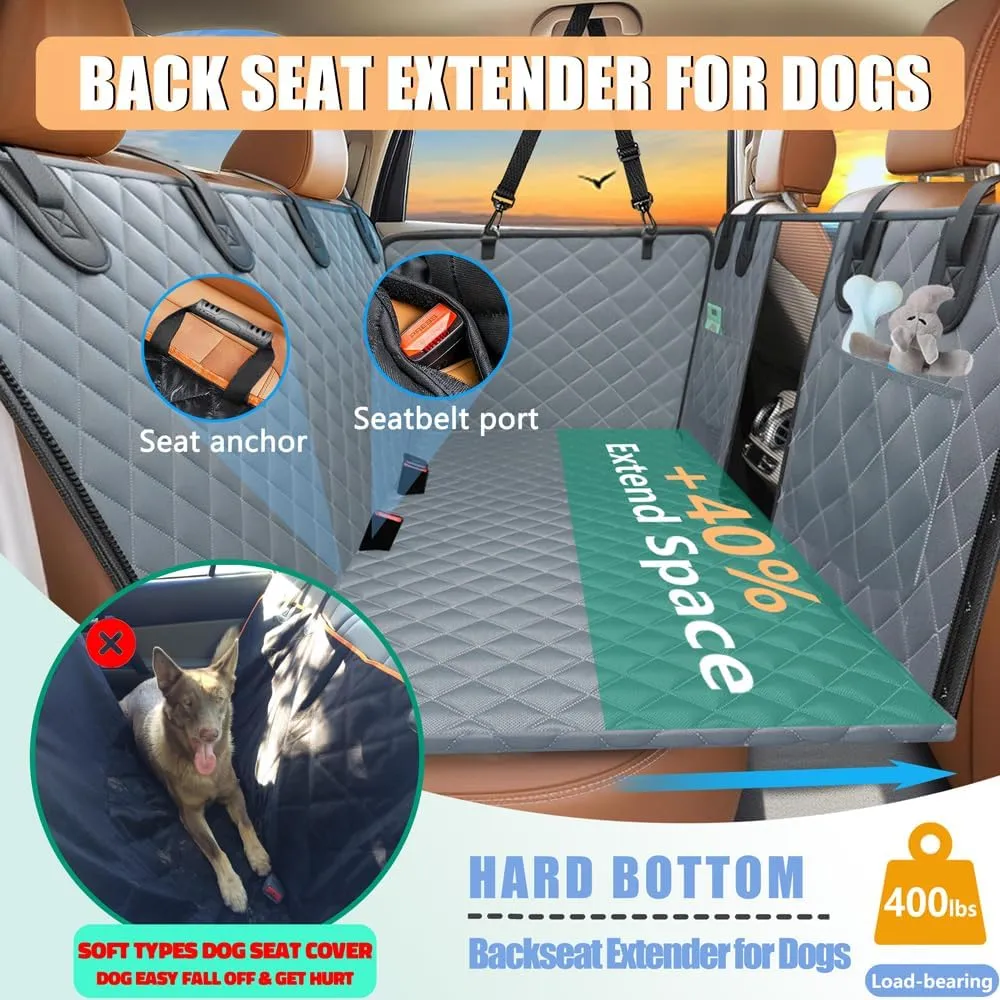 Back Seat Extender for Dogs, Hard Bottom Waterproof Dog Car Seat Cover Dog Hammock, Scratch Proof Nonslip Backseat Covers, Non Inflatable Car SUV Backseat Bed Mattress - Grey black