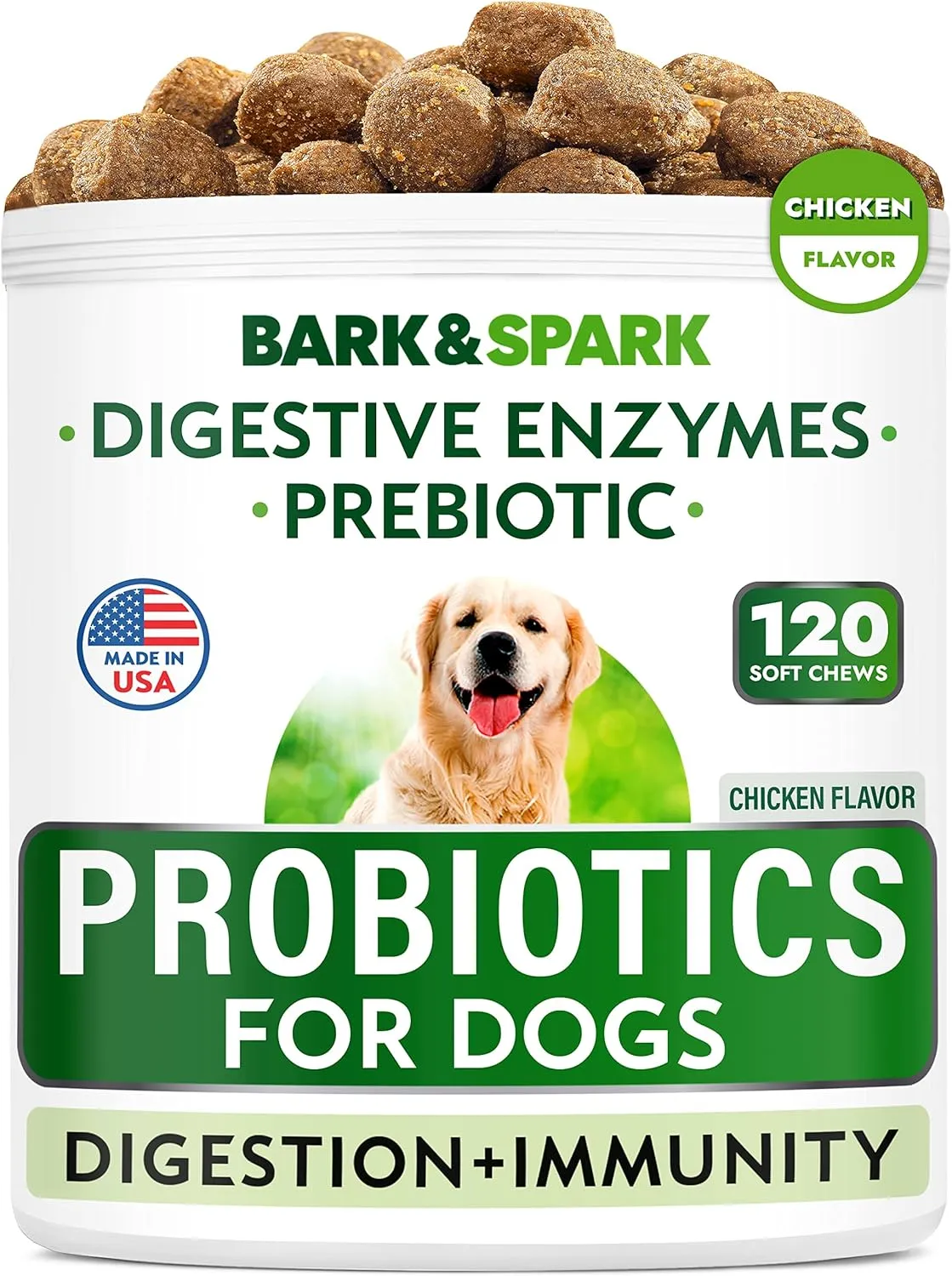 BARK&SPARK Dog Probiotic Chews - Gas, Diarrhea, Allergies - Enzymes   Prebiotics - Chewable Fiber - Digestion, Immunity - USA Made - 90 Ct - BeefLiver