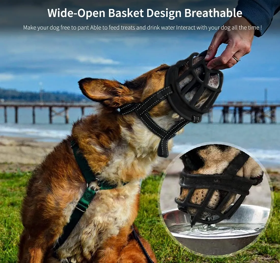 BARKLESS Dog Muzzle, Soft Silicone Basket Muzzle for Dogs, Allows Panting and Drinking, Prevents Unwanted Barking Biting and Chewing, Included Collar and Training Guide