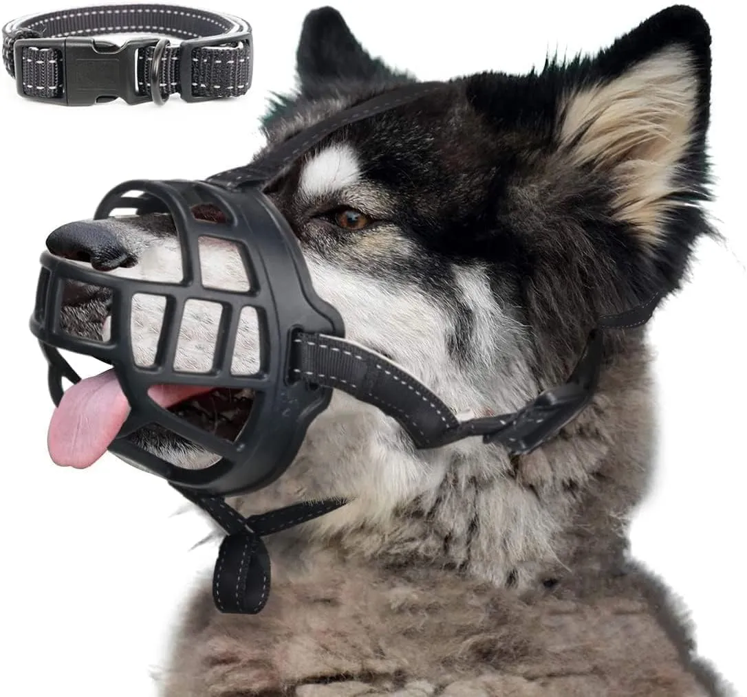 BARKLESS Dog Muzzle, Soft Silicone Basket Muzzle for Dogs, Allows Panting and Drinking, Prevents Unwanted Barking Biting and Chewing, Included Collar and Training Guide