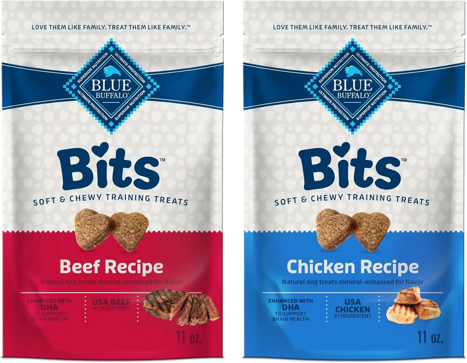 Blue Buffalo Bits Soft Dog Treats for Training, Made With Natural Ingredients & Enhanced with DHA, Chicken & Beef 19-oz Variety Pack, 2 ct