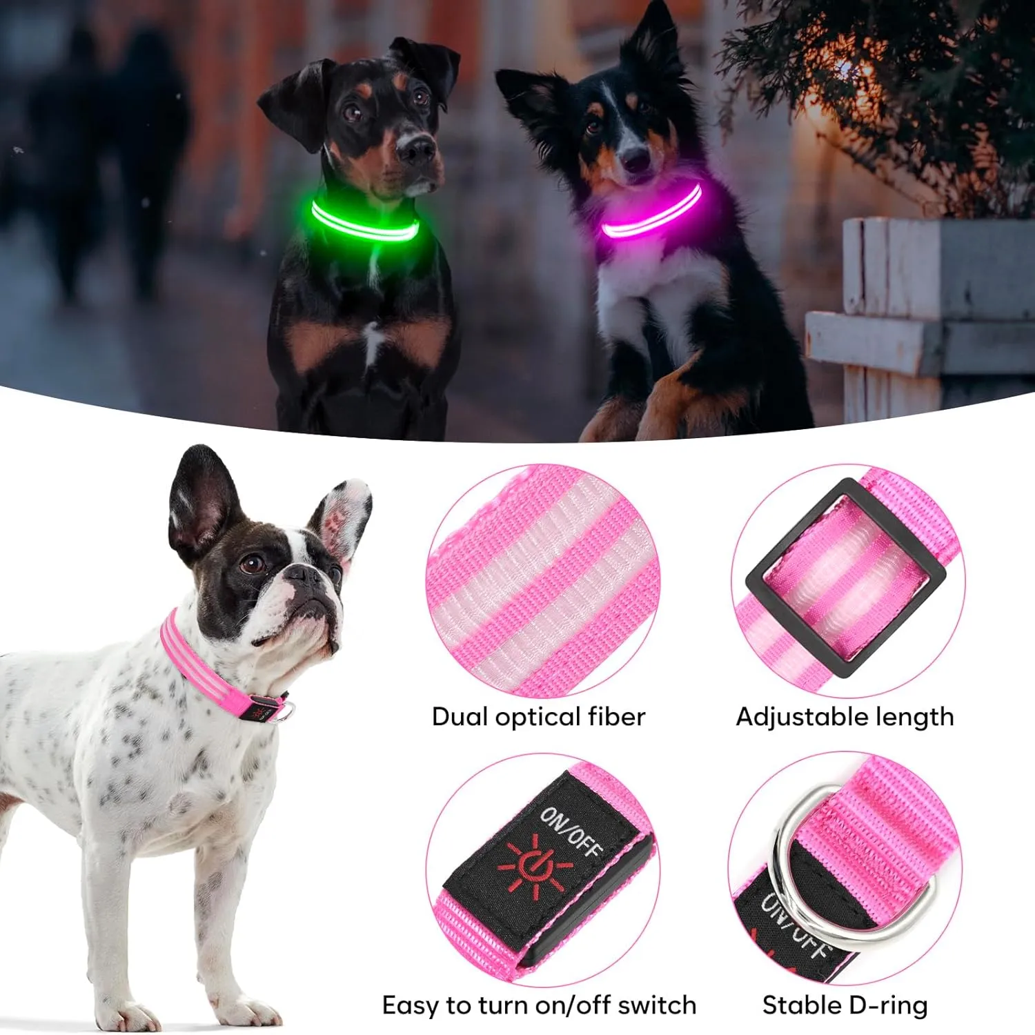BSEEN Light Up Dog Collar - Glowing LED Dog Collar Rechargeable, Double Line Fiber Optic Adjustable Lighted Puppy Collar Dog Lights for Night Walking (Pink, Small)