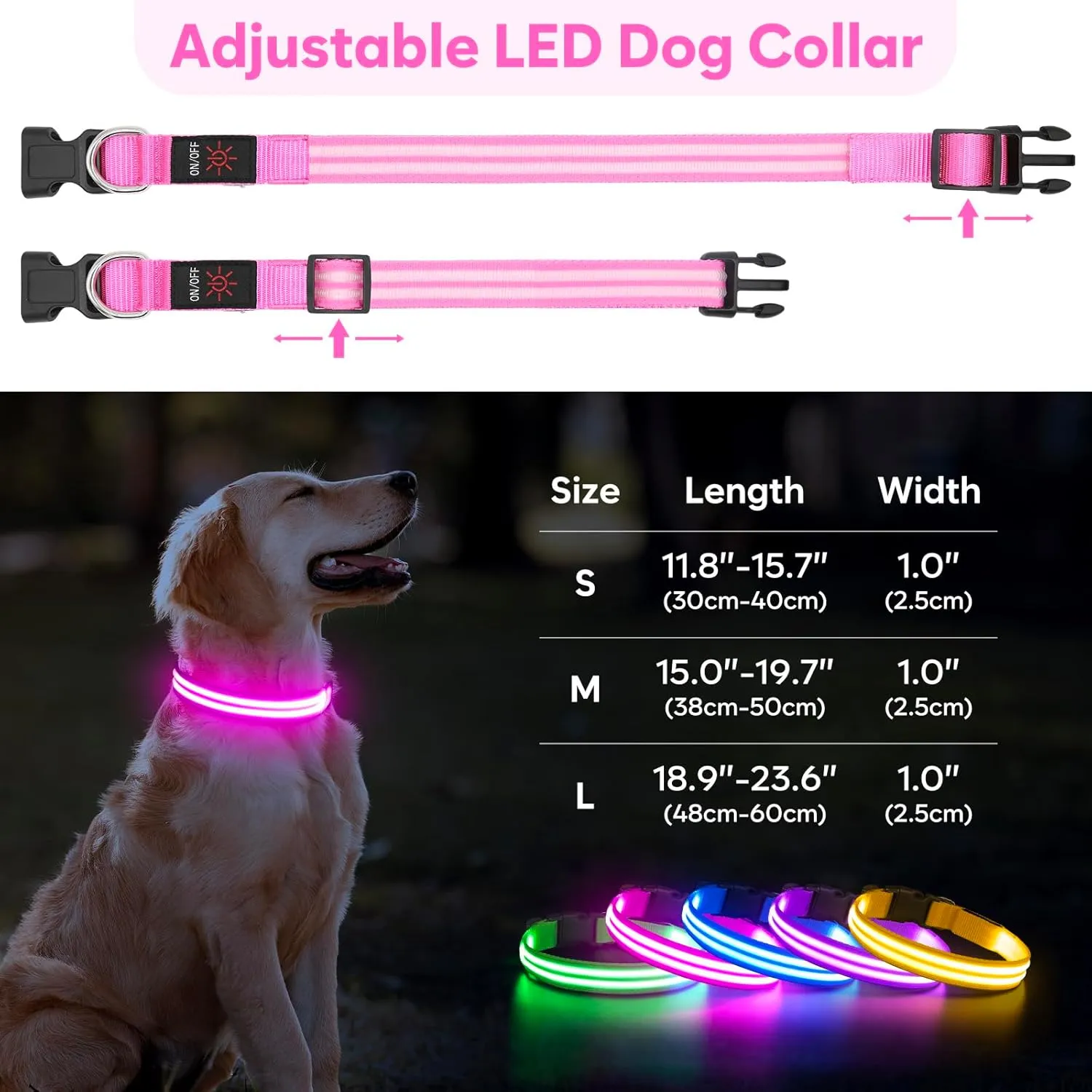 BSEEN Light Up Dog Collar - Glowing LED Dog Collar Rechargeable, Double Line Fiber Optic Adjustable Lighted Puppy Collar Dog Lights for Night Walking (Pink, Small)