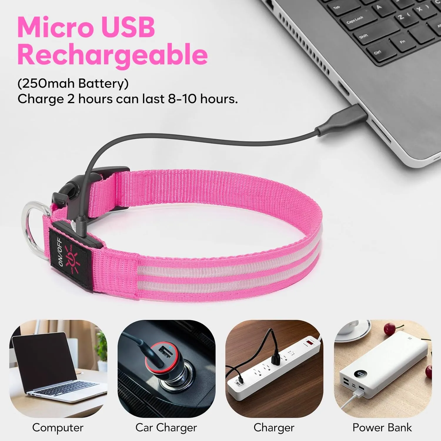 BSEEN Light Up Dog Collar - Glowing LED Dog Collar Rechargeable, Double Line Fiber Optic Adjustable Lighted Puppy Collar Dog Lights for Night Walking (Pink, Small)