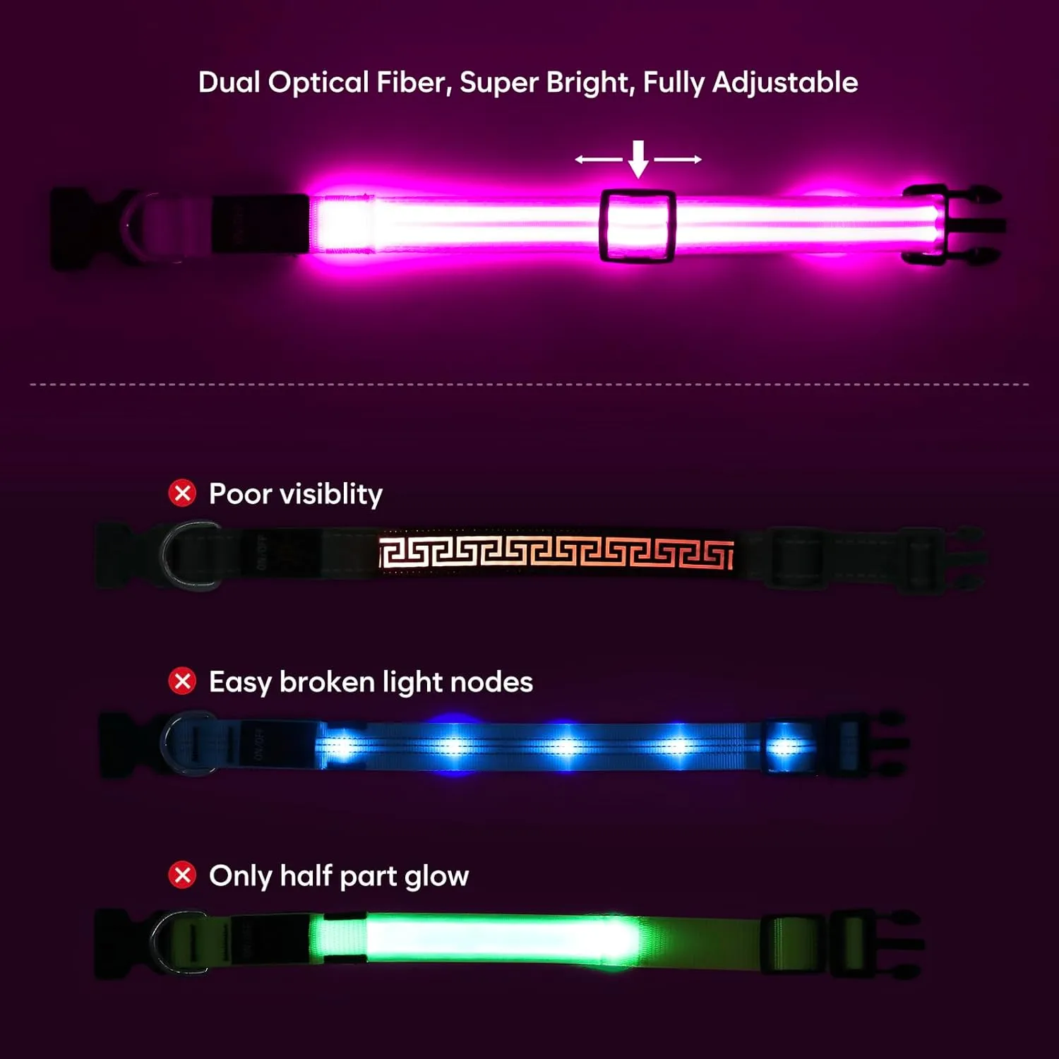 BSEEN Light Up Dog Collar - Glowing LED Dog Collar Rechargeable, Double Line Fiber Optic Adjustable Lighted Puppy Collar Dog Lights for Night Walking (Pink, Small)