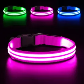 BSEEN Light Up Dog Collar - Glowing LED Dog Collar Rechargeable, Double Line Fiber Optic Adjustable Lighted Puppy Collar Dog Lights for Night Walking (Pink, Small)