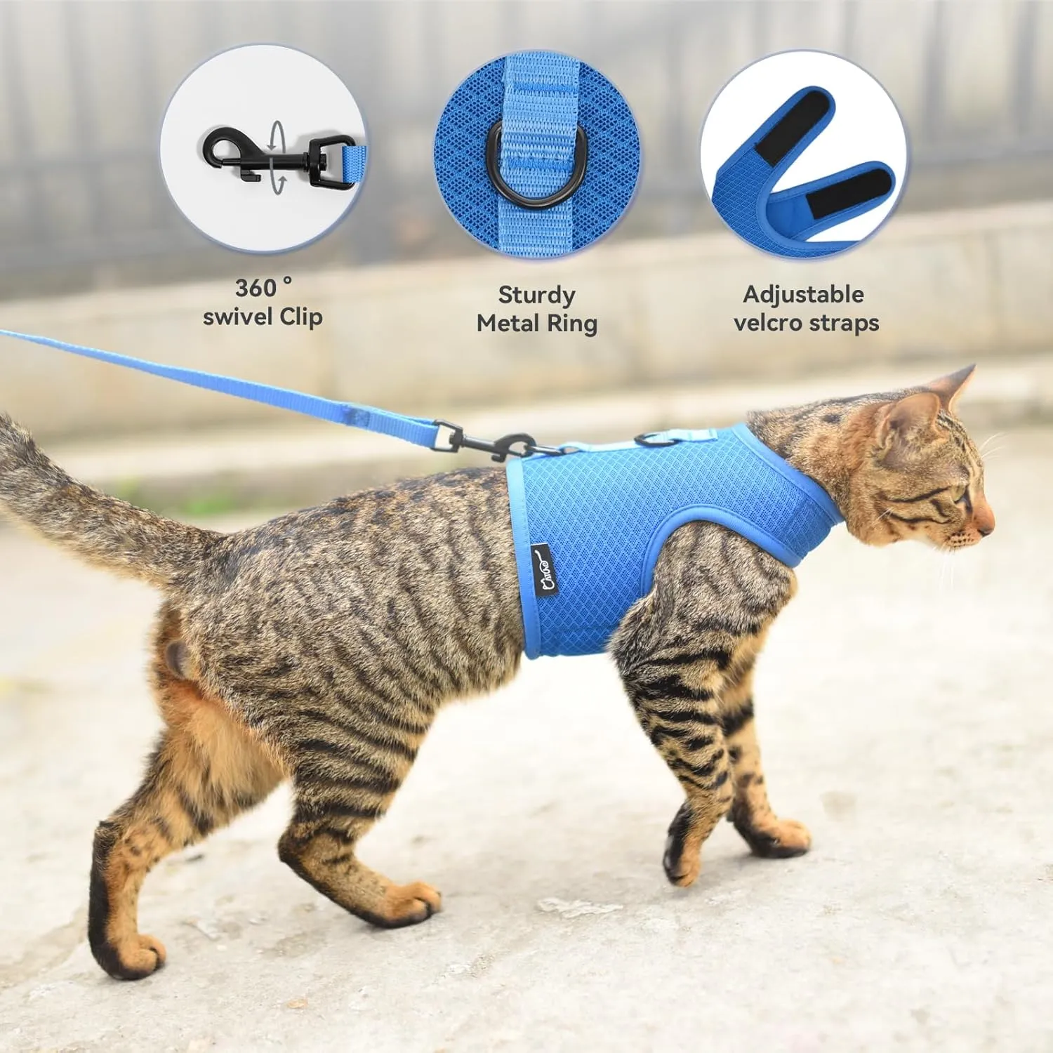 Cat Harness and Leash for Walking Escape Proof Breathable Mesh Fabric, Solid Blue, Medium, Adjustable Cat Walking Jackets, Padded Stylish Cat Vest