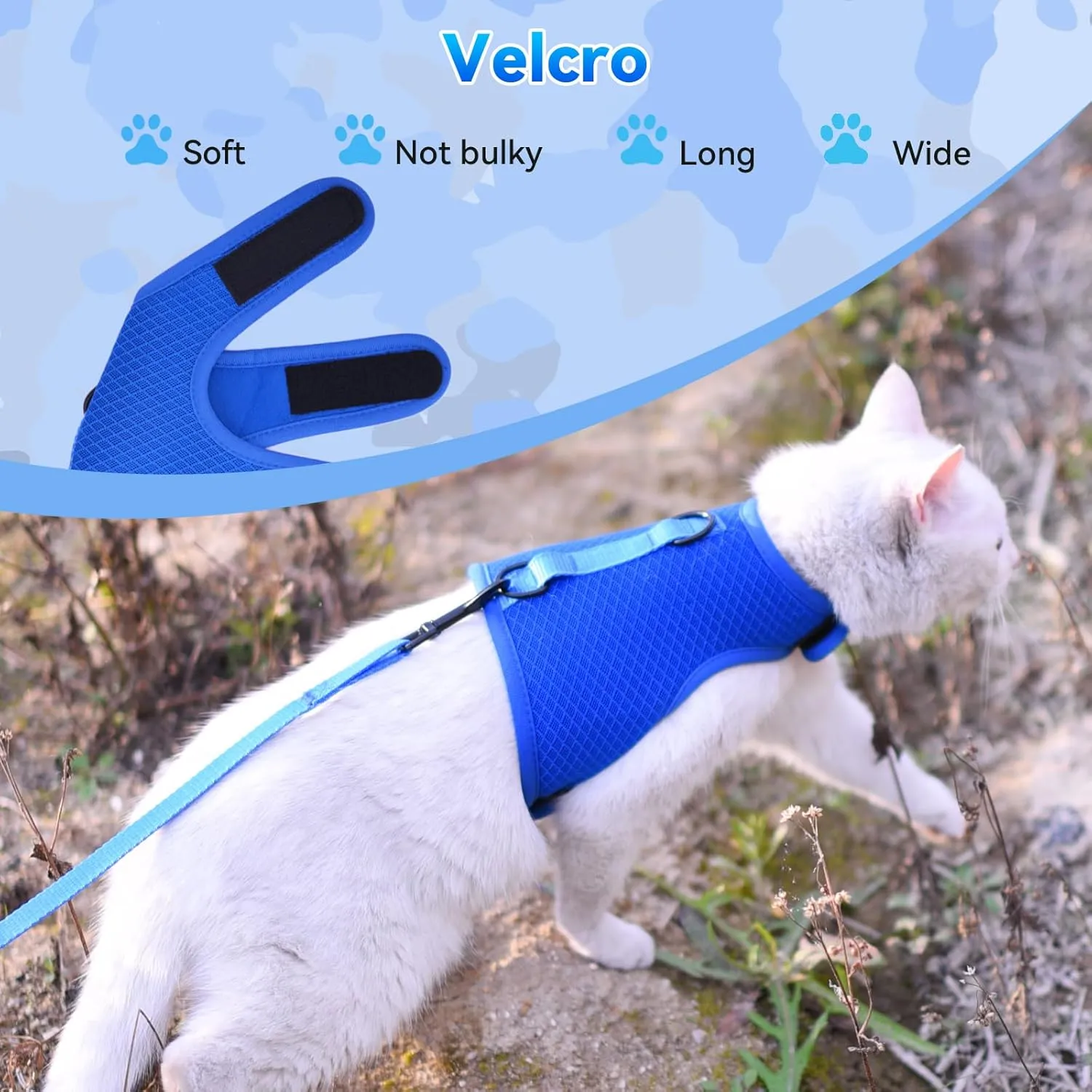 Cat Harness and Leash for Walking Escape Proof Breathable Mesh Fabric, Solid Blue, Medium, Adjustable Cat Walking Jackets, Padded Stylish Cat Vest