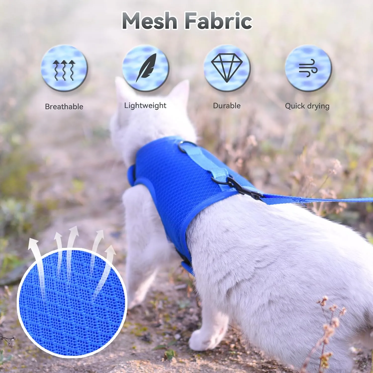 Cat Harness and Leash for Walking Escape Proof Breathable Mesh Fabric, Solid Blue, Medium, Adjustable Cat Walking Jackets, Padded Stylish Cat Vest
