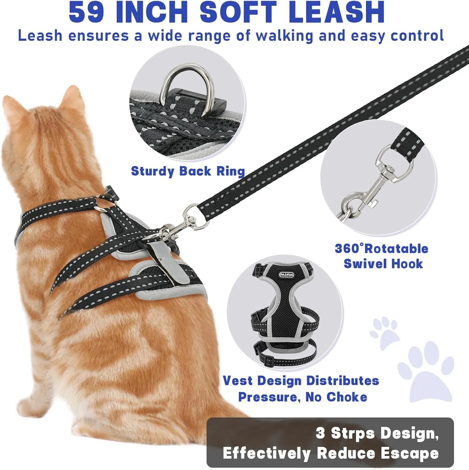 Cat Harness for Walking, Escape Proof Cat Harness and Leash Set with Reflective Strip, Adjustable Cat Leash Breathable Soft Vest for Small to Large Cats, BlackGrey, M