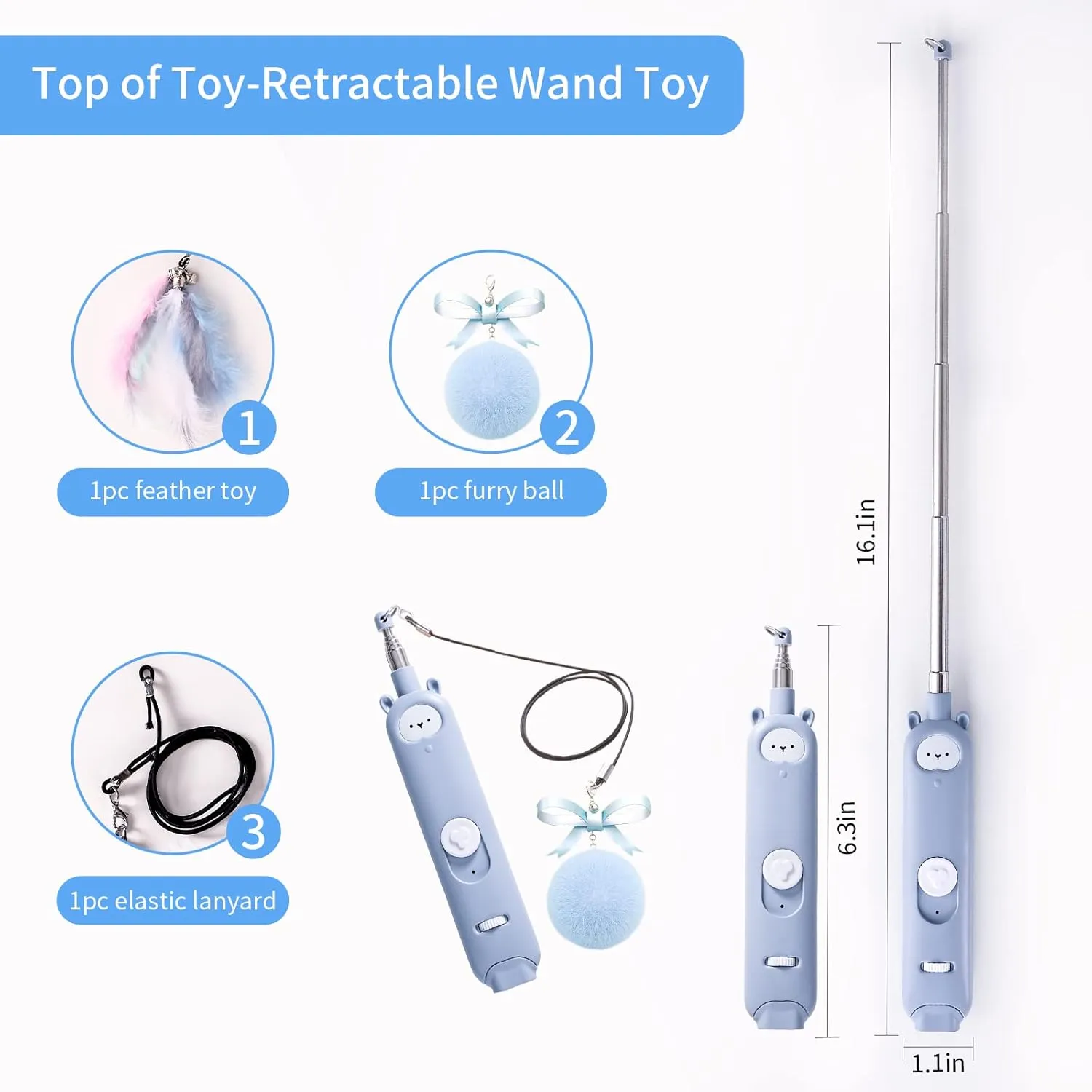 Cat Laser Toys, 2 in 1 Laser Pointer Cat Toys,Internative Cat Toys for Indoor Cats,3 5 Light Modes Cat Wand Toy, Retractable Cat Feather Toys, Long Range Kitten Toys,USB Rechargeable (Blue)