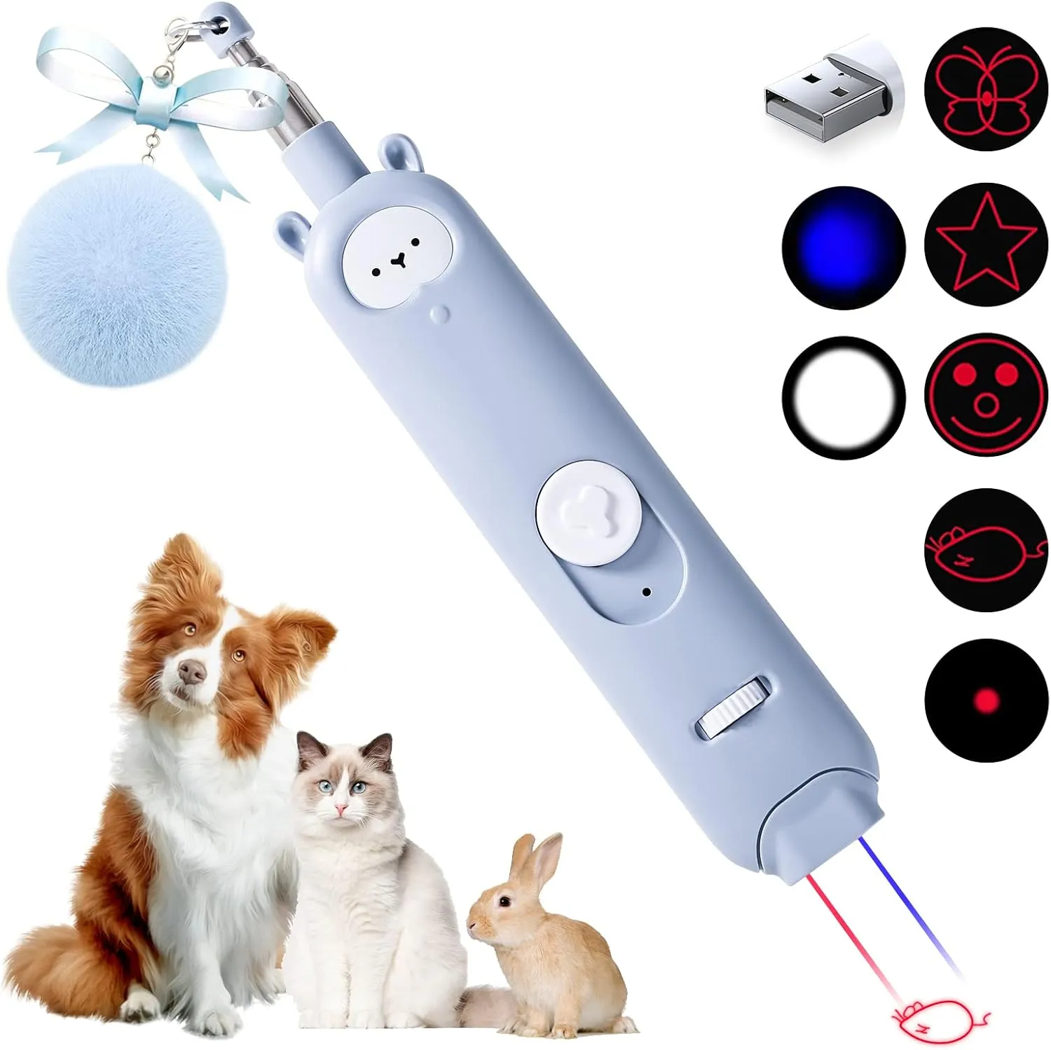Cat Laser Toys, 2 in 1 Laser Pointer Cat Toys,Internative Cat Toys for Indoor Cats,3 5 Light Modes Cat Wand Toy, Retractable Cat Feather Toys, Long Range Kitten Toys,USB Rechargeable (Blue)