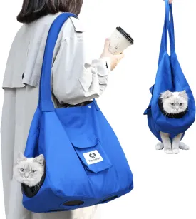 Cat Pouch Carrier Backpack - Blue Size M Soft Hand-Free Dog Travel Sling With Adjustable Harness and Storage Pocket - Suitable for 5-11 lbs Pets