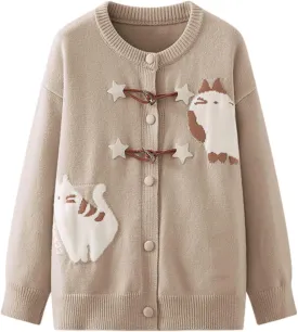 Cat Sweaters for Women Japanese Casual Kawaii Fun Patterned Cardigan Crew Neck Button Up Cozy Knit Coats