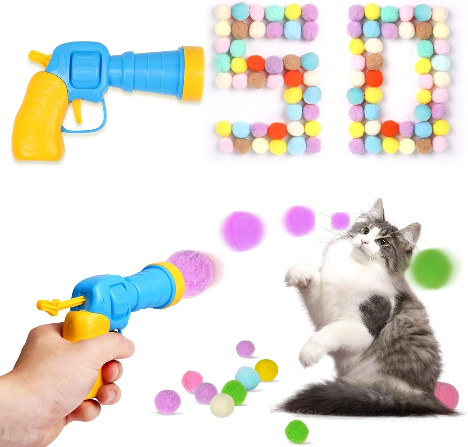 Cat Toy Balls with Launchers Set (1 50), 50 Cat Pom Pom Balls & 1 Ball Launchers (Durable Reinforced Edition)