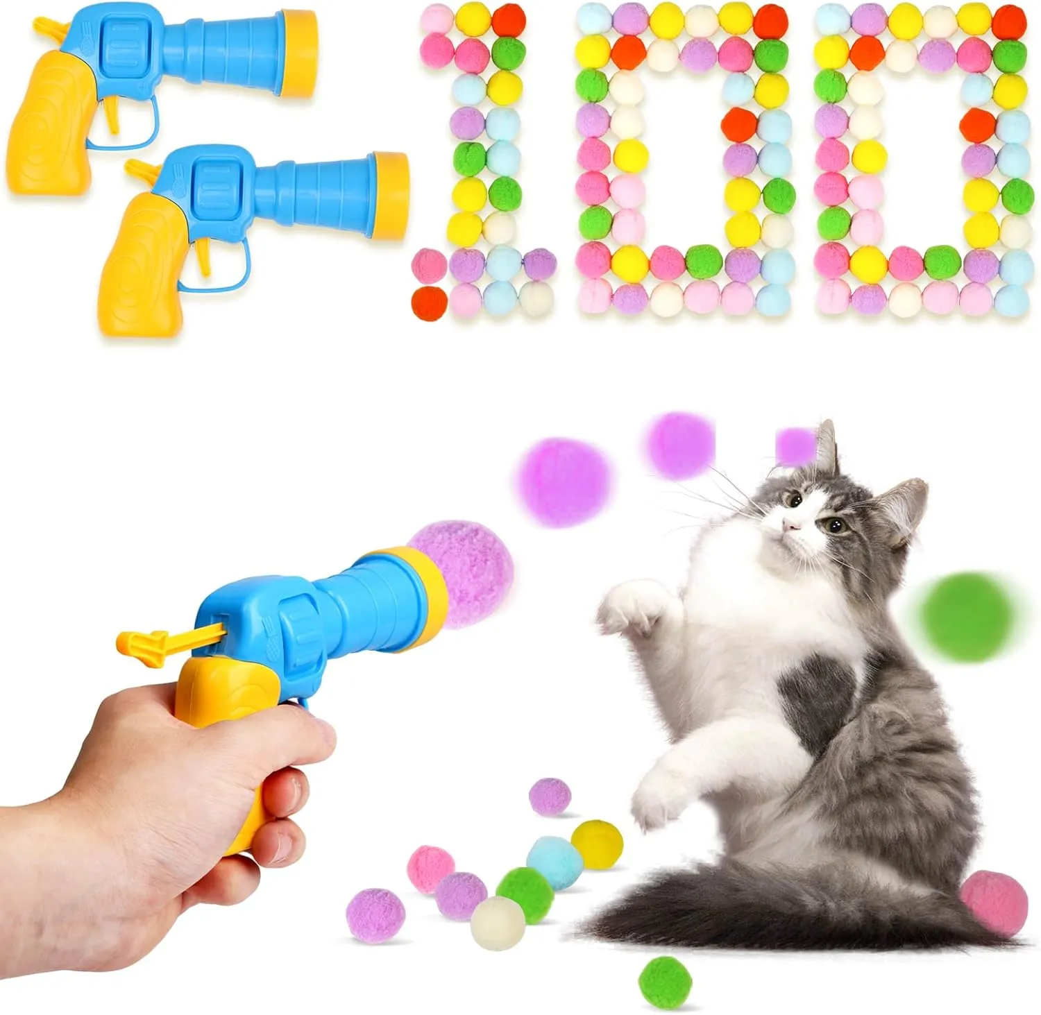 Cat Toy Balls with Launchers Set (2 100), 100 Cat Pom Pom Balls & 2 Ball Launchers (Durable Reinforced Edition)
