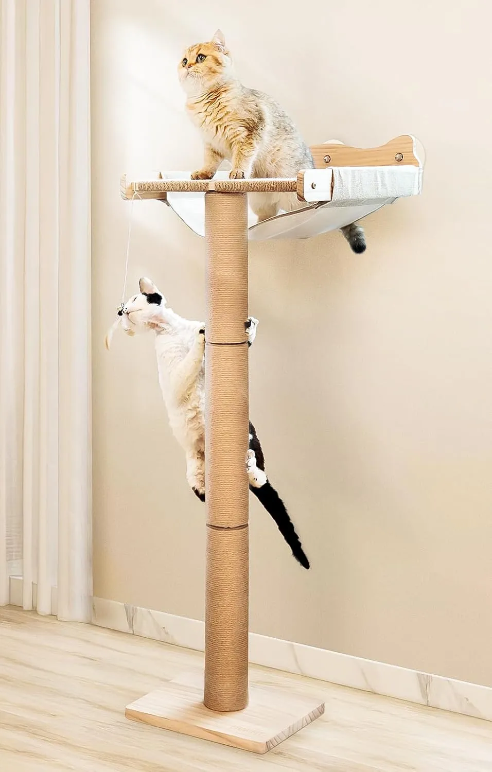 Cat Window Perch with Scratching Post, 46" Adjustable Tall Scratching Posts & Suction Cup  Multi-Level Perch for Climbing, Bird Watching, and Play, Supports 45 lbs (Drilling-Free)