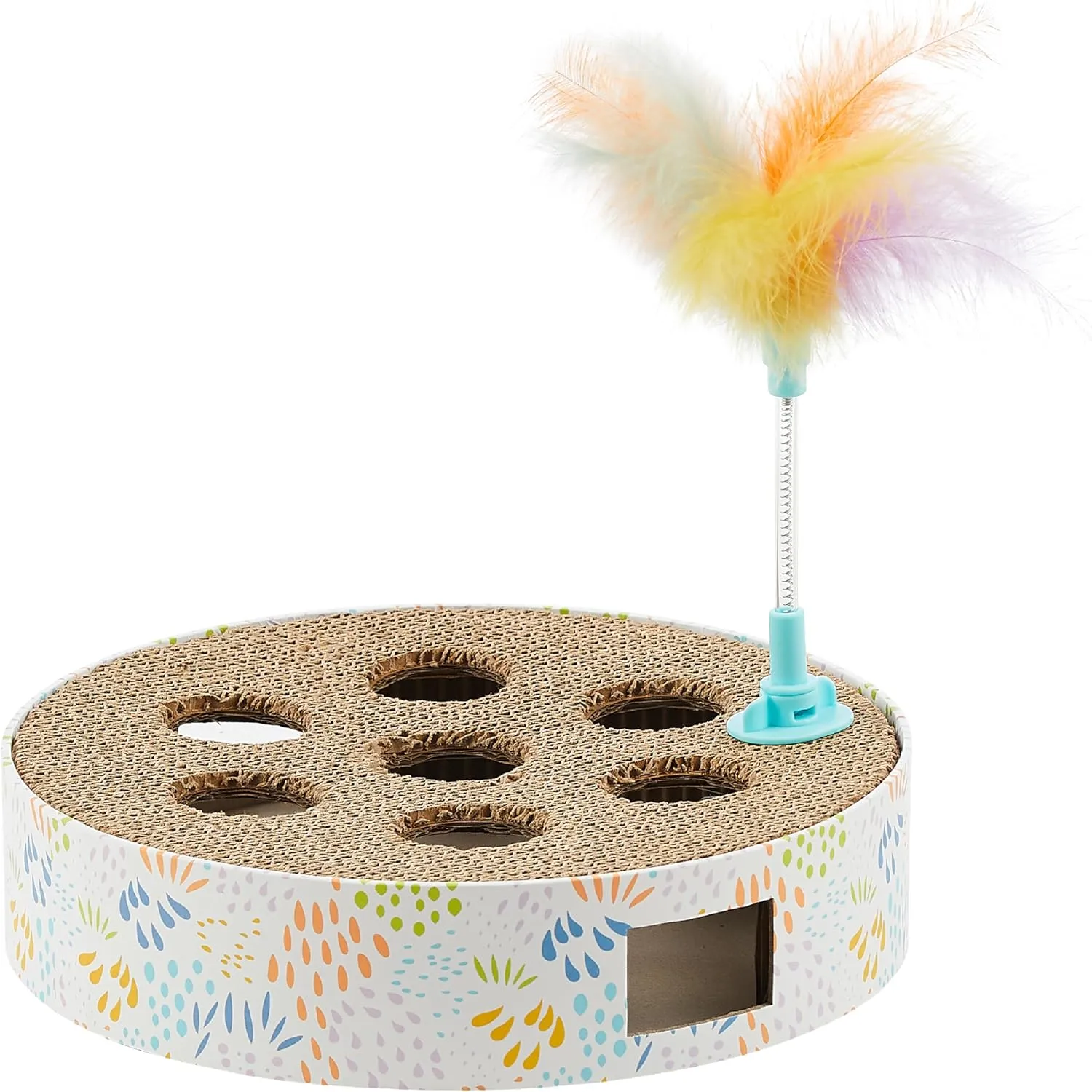 Catstages Scratch N Hunt Spring Toy, Two-in-One Cat Scratcher and Ball Puzzle Game with Feather Spring Toy, Blue