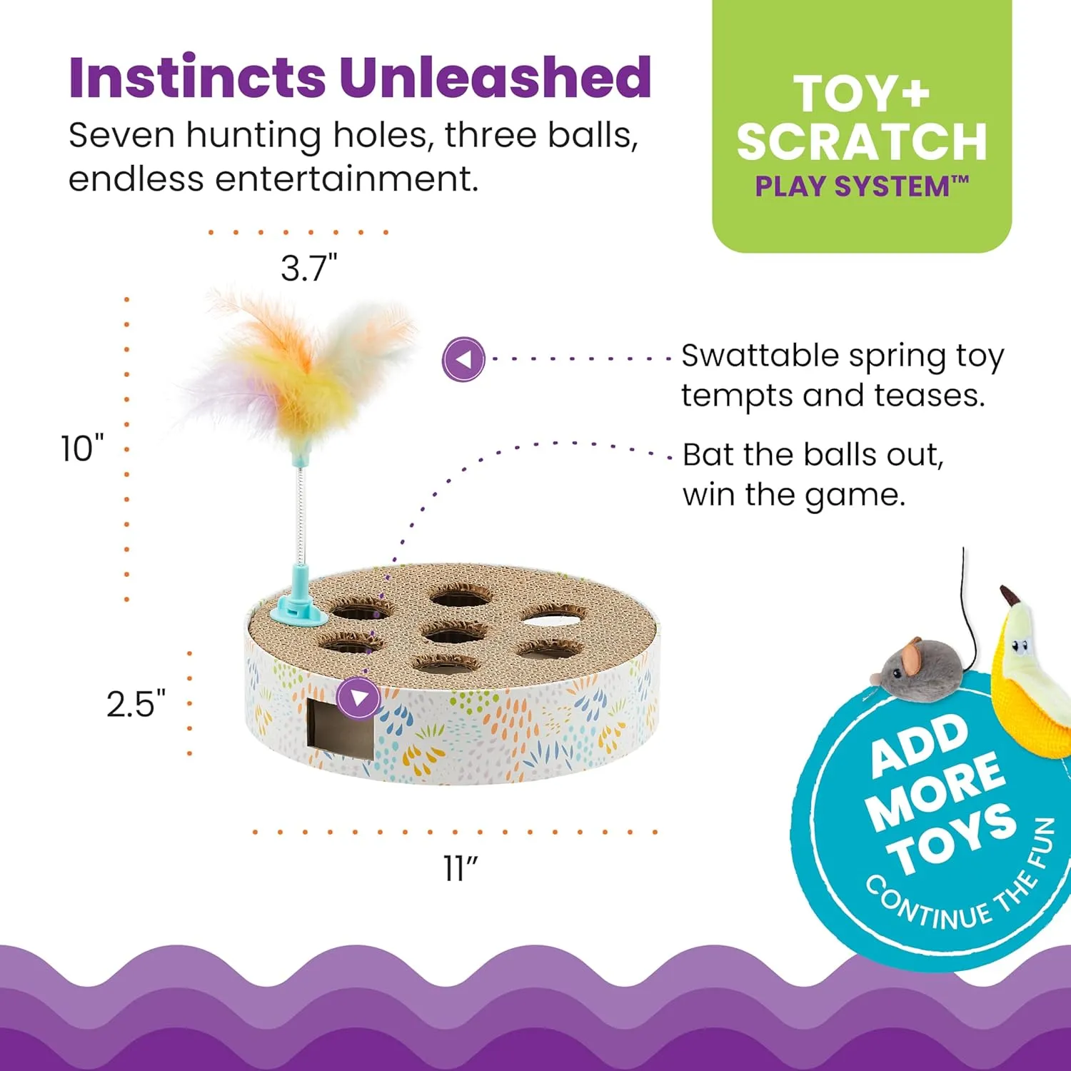 Catstages Scratch N Hunt Spring Toy, Two-in-One Cat Scratcher and Ball Puzzle Game with Feather Spring Toy, Blue