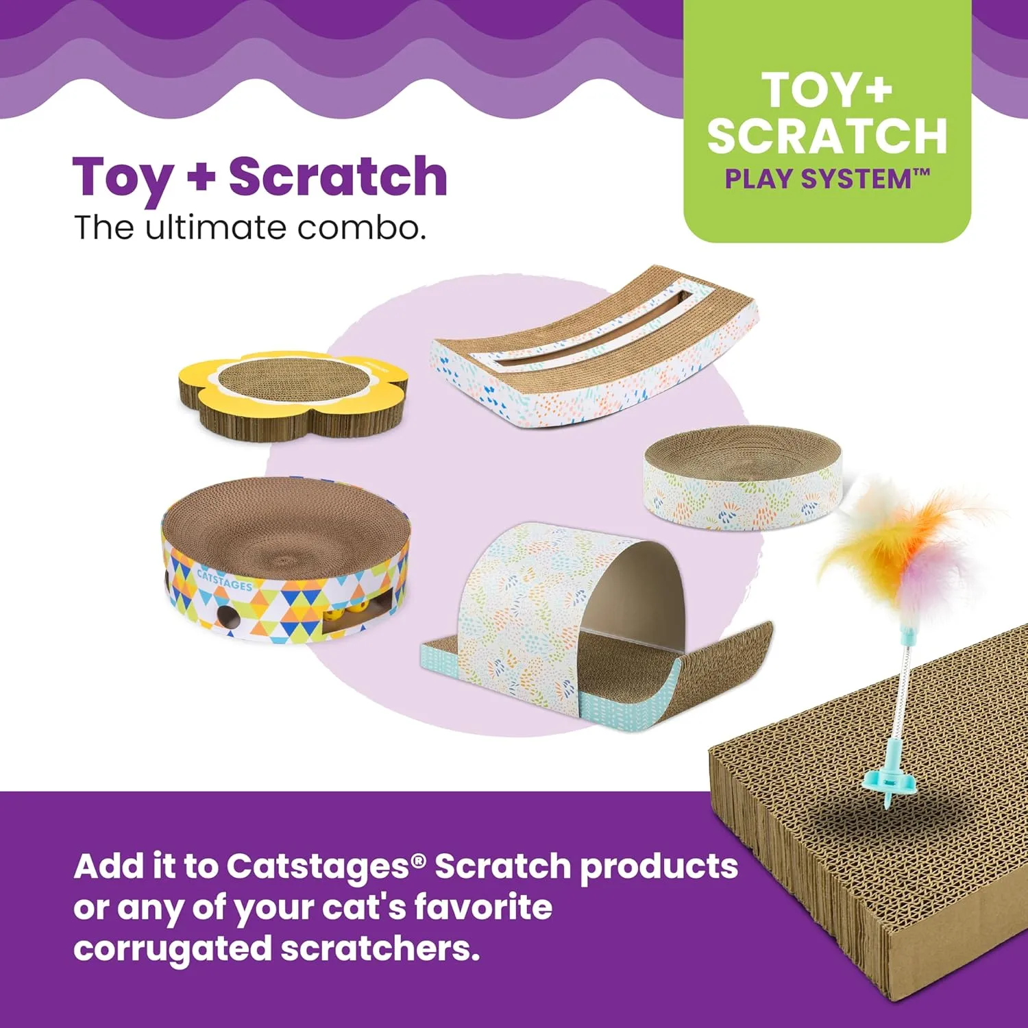 Catstages Scratch N Hunt Spring Toy, Two-in-One Cat Scratcher and Ball Puzzle Game with Feather Spring Toy, Blue