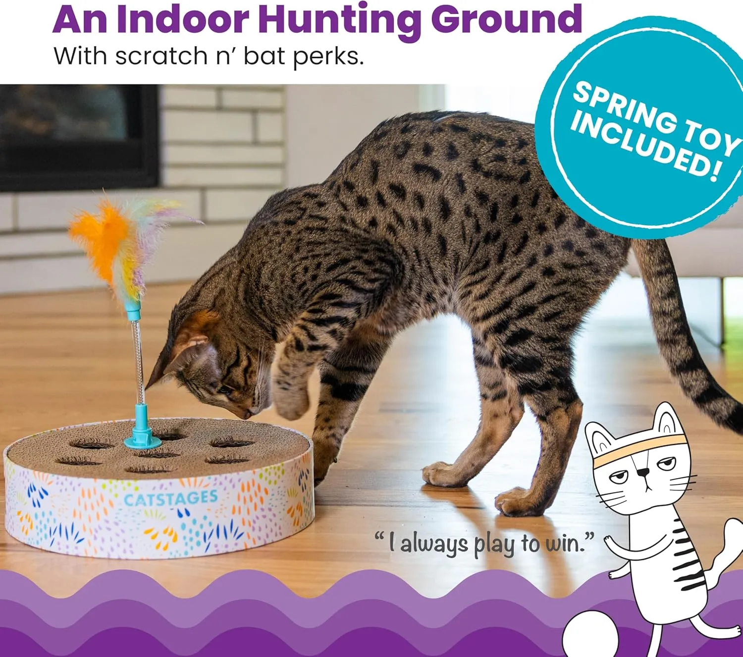 Catstages Scratch N Hunt Spring Toy, Two-in-One Cat Scratcher and Ball Puzzle Game with Feather Spring Toy, Blue