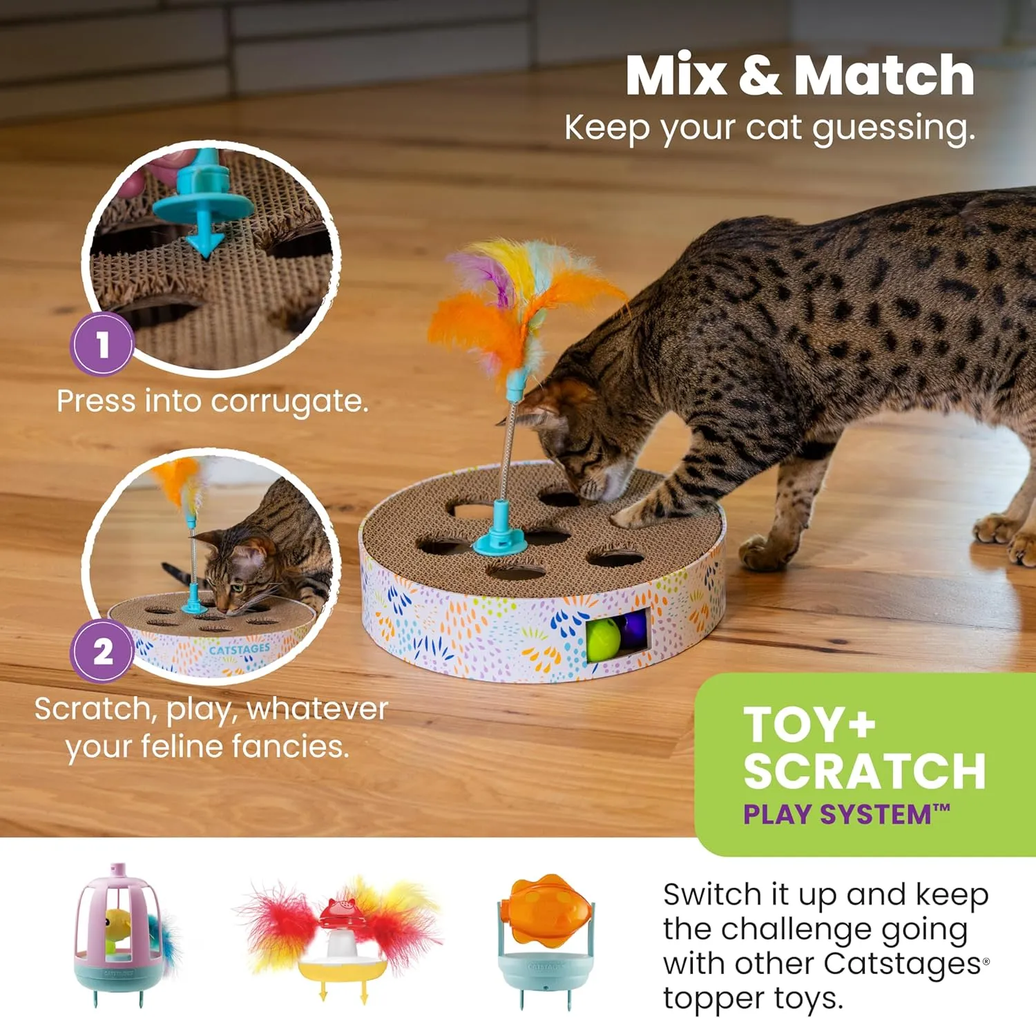 Catstages Scratch N Hunt Spring Toy, Two-in-One Cat Scratcher and Ball Puzzle Game with Feather Spring Toy, Blue