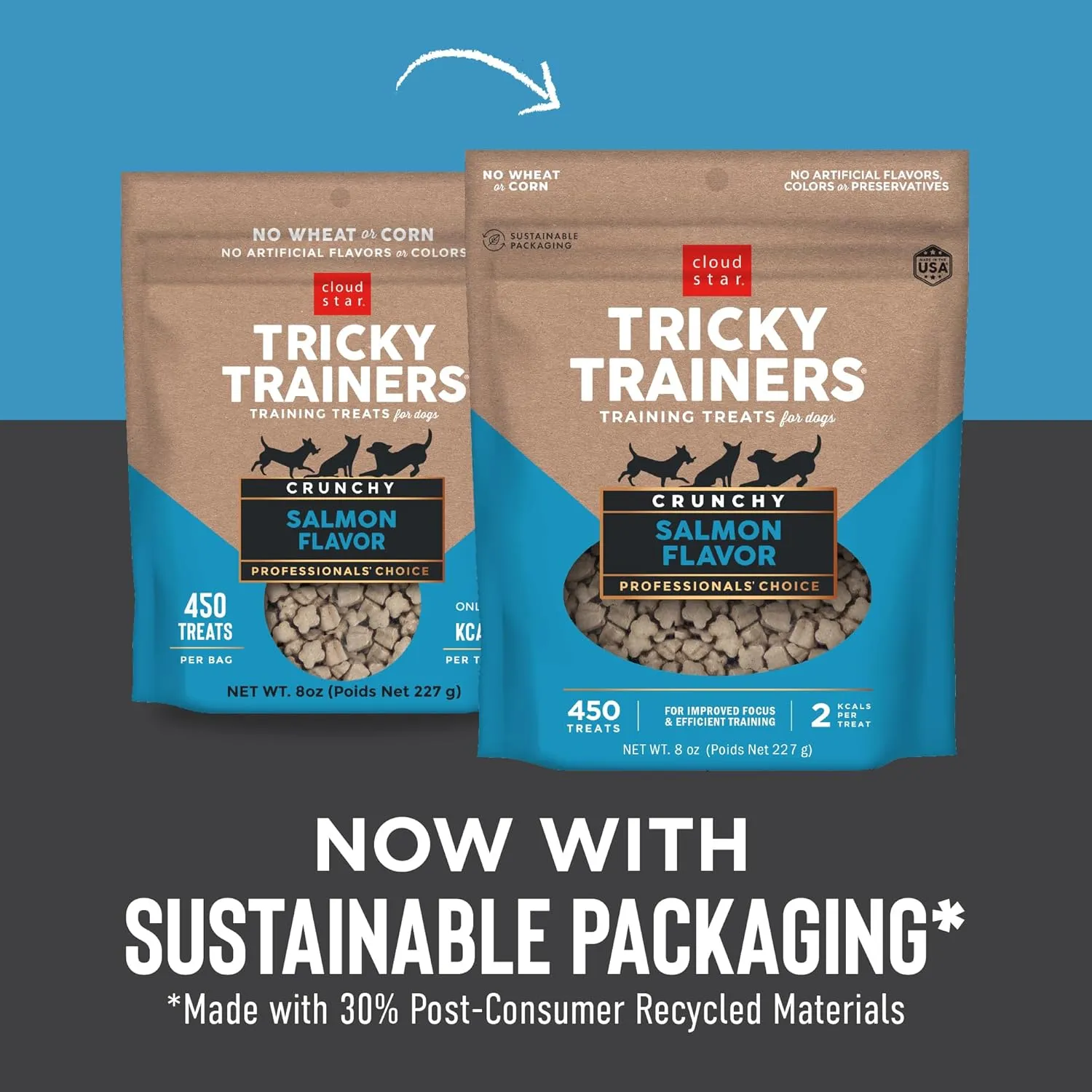 Cloud Star Tricky Trainers Crunchy Dog Training Treats 8 oz. Pouch, Salmon Flavor, Low Calorie Behavior Aid with 450 treats